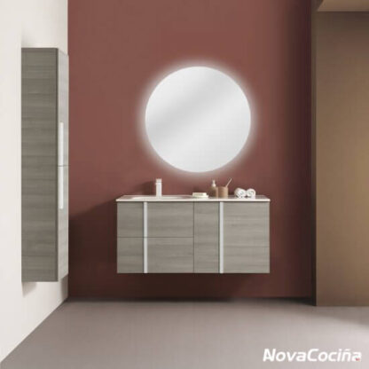 mueble de lavabo marrón con detalle en blanco